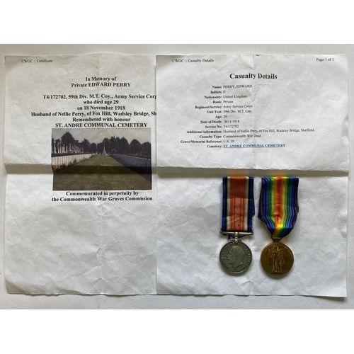 310 - A FIRST WORLD WAR CASUALTY PAIR TO THE SERVICE CORPS. A Great War pair comprising War Medal and Vict... 