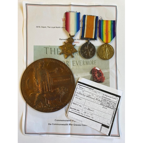 323 - A FIRST WORLD WAR TRIO AND PLAQUE TO THE LANCASHIRE REGIMENT. A Great War Trio comprising 1914-1915 ... 