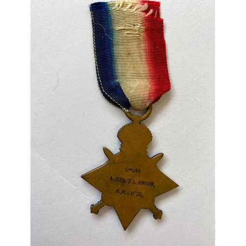 330 - A 1914-15 STAR TO A CASUALTY IN THE CHURCH LADS BRIGADE OF THE ROYAL RIFLE CORPS. A 1914-1915 Star n... 