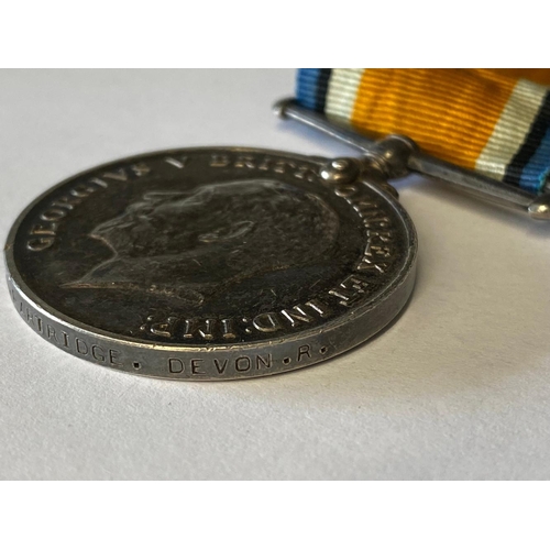 355 - A FIRST WORLD WAR CASUALTY PAIR TO THE DEVON REGIMENT. A Great War pair comprising War Medal and Vic... 