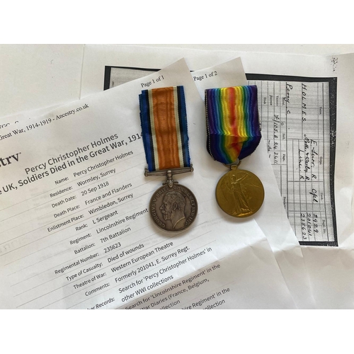 549 - A FIRST WORLD WAR CASUALTY PAIR TO THE LINCOLNSHIRE REGIMENT. A Great War Pair comprising War Medal ... 