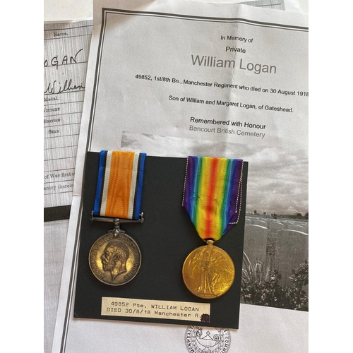 553 - A FIRST WORLD WAR CASUALTY PAIR TO THE MANCHESTER REGIMENT. A Great War Pair comprising War Medal an... 