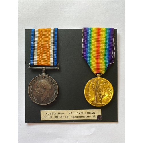 553 - A FIRST WORLD WAR CASUALTY PAIR TO THE MANCHESTER REGIMENT. A Great War Pair comprising War Medal an... 