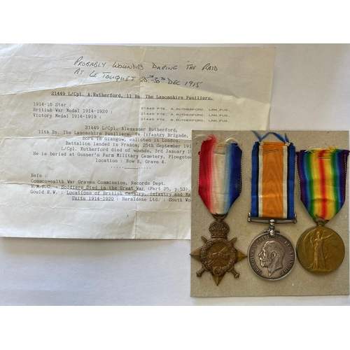 556 - A FIRST WORLD WAR CASUALTY TRIO TO THE LANCASHIRE FUSILIERS. A Great War Pair comprising War Medal a... 