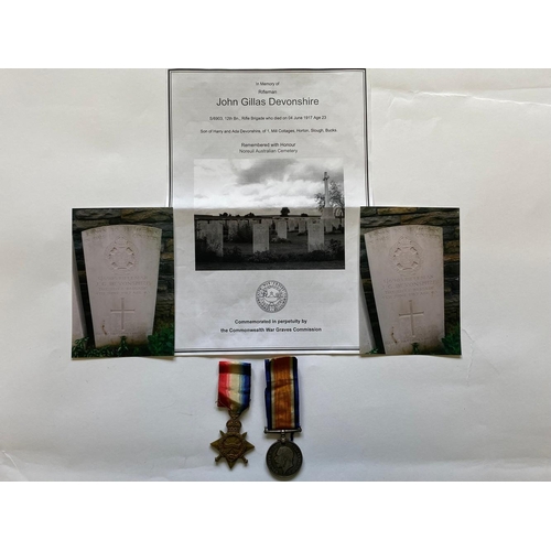 563 - A FIRST WORLD WAR CASUALTY STAR AND WAR MEDAL TO THE RIFLE BRIGADE. A Great War 1914-15 Star named t... 