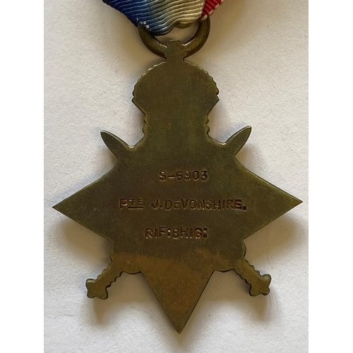 563 - A FIRST WORLD WAR CASUALTY STAR AND WAR MEDAL TO THE RIFLE BRIGADE. A Great War 1914-15 Star named t... 