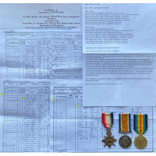 578 - A FIRST WORLD WAR FIRST DAY OF THE SOMME CASUALTY TRIO TO THE ROYAL WEST SURREY REGIMENT. A Great Wa... 