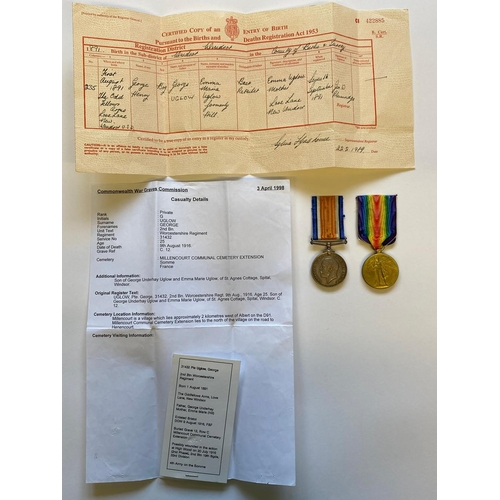 59 - A FIRST WORLD WAR PAIR TO THE WORCESTERSHIRE REGIMENT. A Great War pair comprising War Medal and Vic... 