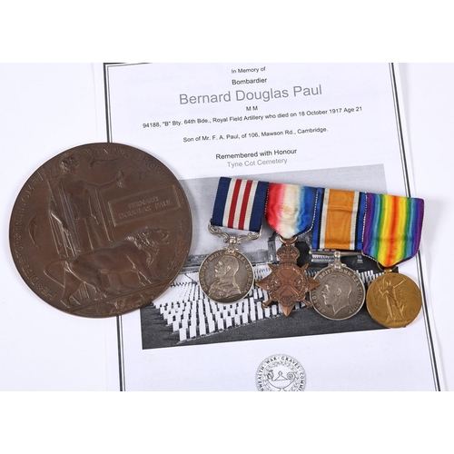 594 - A FIRST WORLD WAR MILITARY MEDAL CASUALTY GROUP TO THE FIELD ARTILLERY. A Great War Group of four co... 