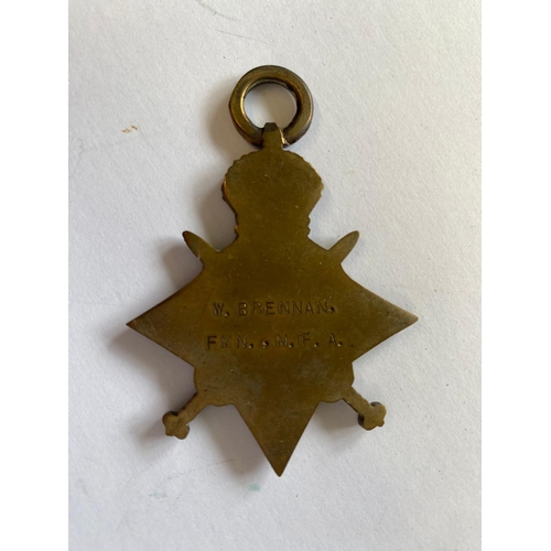 79 - A FIRST WORLD WAR VICTORY MEDAL TO THE MERCANTILE FLEET AUXILLERY. A 1914-15 Star named to W. Brenna... 