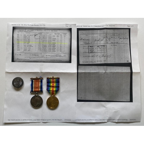 93 - A FIRST WORLD WAR PAIR AND WOUND BADGE TO THE YORK REGIMENT. A Great War Pair comprising War Medal a... 