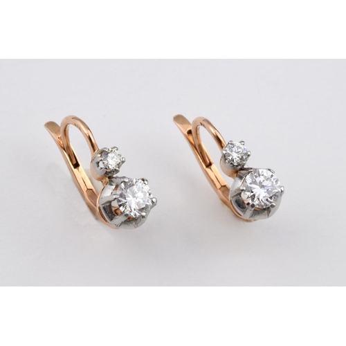 1182 - A PAIR OF FRENCH DIAMOND EARRINGS. each set with two circular-cut diamonds, in 18ct gold, with Frenc... 