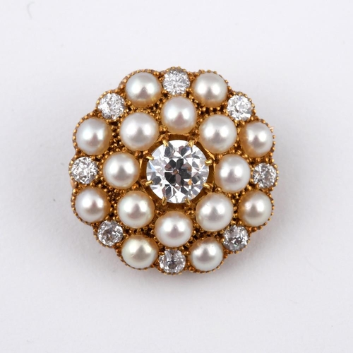 1191 - A DIAMOND & PEARL CLUSTER BROOCH PENDANT. the central circular-cut diamond is set within a surround ... 