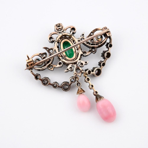 1199 - A 19TH CENTURY DIAMOND, EMERALD AND CONCH PEARL BROOCH PENDANT. of swag and scroll design, set with ... 