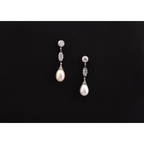 1200 - A PAIR OF ART DECO NATURAL PEARL AND DIAMOND DROP EARRINGS. each set with a natural drop pearl drop ... 