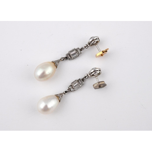 1200 - A PAIR OF ART DECO NATURAL PEARL AND DIAMOND DROP EARRINGS. each set with a natural drop pearl drop ... 