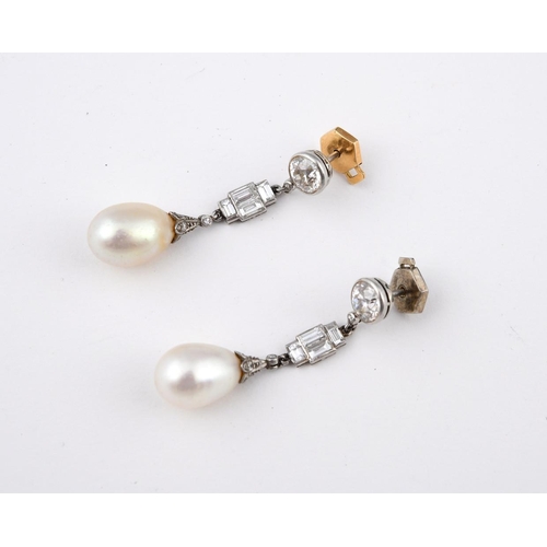 1200 - A PAIR OF ART DECO NATURAL PEARL AND DIAMOND DROP EARRINGS. each set with a natural drop pearl drop ... 