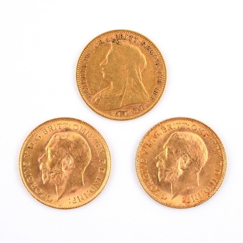 962 - THREE GOLD HALF SOVEREIGNS. 1896 and two for 1914.  **BP 22.5% inc VAT + Lot Fee of £8