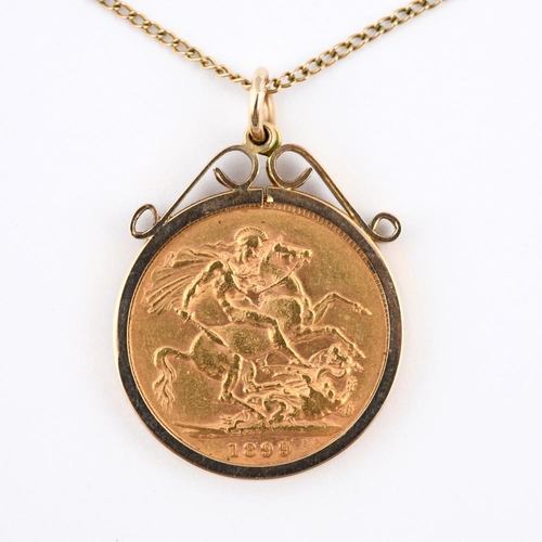 965 - A GOLD SOVEREIGN. 1899, in a 9ct gold mount, on a gold fine link chain, total weight 11.5 grams.  **... 