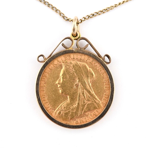 965 - A GOLD SOVEREIGN. 1899, in a 9ct gold mount, on a gold fine link chain, total weight 11.5 grams.  **... 