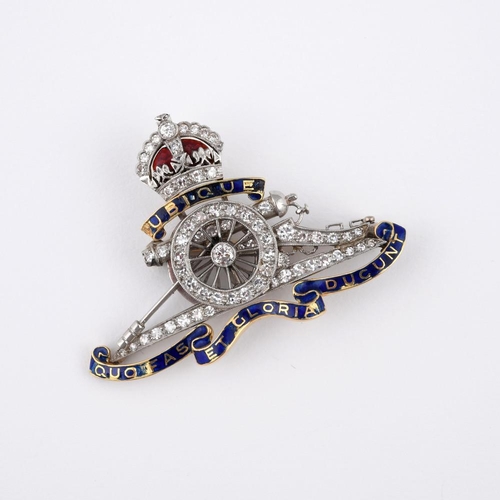 974 - A DIAMOND AND ENAMEL REGIMENTAL BROOCH FOR THE ROYAL ARTILLERY. mounted with circular-cut diamonds, ... 