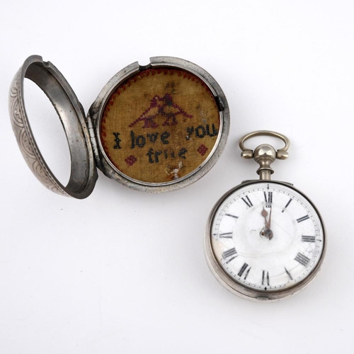 978 - AN 18TH CENTURY SILVER PAIR CASED POCKET WATCH. the white enamel dial with black Roman numerals, ver... 