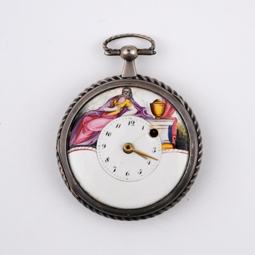 979 - A CONTINENTAL OPEN FACED POCKET WATCH. the white enamel dial depicting a scene of a lady seated by a... 