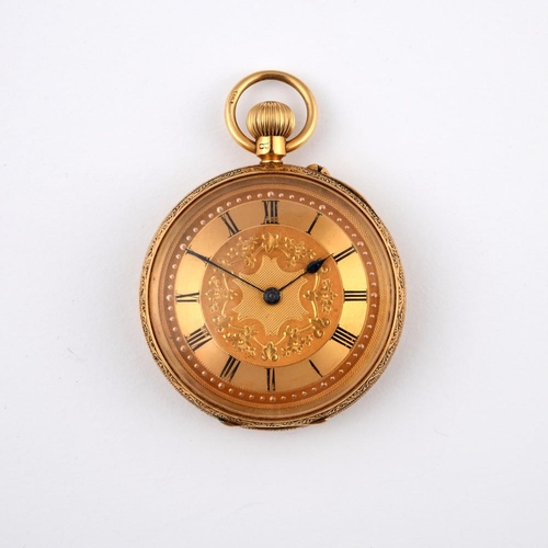 980 - AN 18CT GOLD POCKET OPEN FACED POCKET WATCH. the foliate engraved dial with Roman numerals, the thre... 