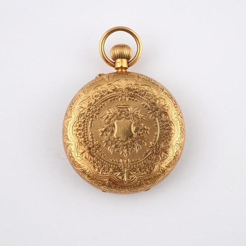 980 - AN 18CT GOLD POCKET OPEN FACED POCKET WATCH. the foliate engraved dial with Roman numerals, the thre... 