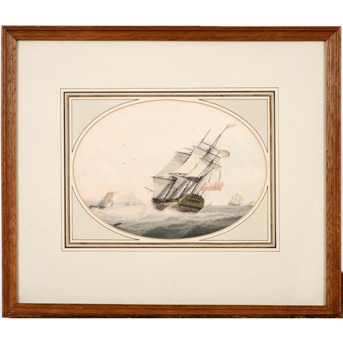 386 - SAMUEL ATKINS (FL.1787-1808). FRIGATE IN CHOPPY WATERS. Signed, watercolour with pen and ink, mounte... 