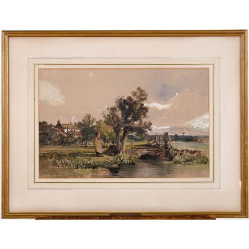 387 - WILLIAM JAMES MULLER (1812-1845). BOYS BY A BRIDGE IN A MEADOW. Signed, watercolour 
30 x 47cm.
Prov... 