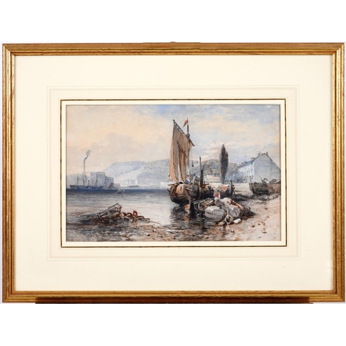 389 - JOHN SKINNER PROUT (1806-1876). BEACHED BOATS IN A HARBOUR. Signed and dated 1855, watercolour heigh... 