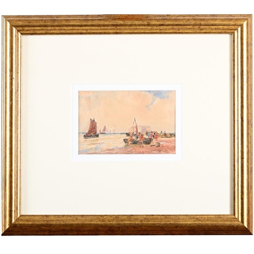 398 - THOMAS BUSH HARDY (1842-1897). FISHERFOLK ON THE SHORE. Signed, watercolour
9 x 14cm. * Slightly fad... 