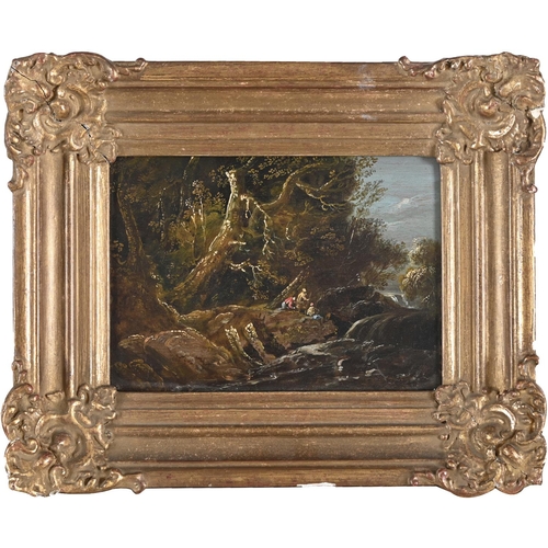 421 - WILLIAM SADLER THE YOUNGER (C.1782-1839). FIGURE BY A WOODLAND CATARACT; FISHERMAN BY A ROCKY RIVER.... 