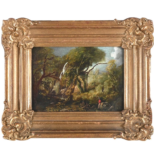 421 - WILLIAM SADLER THE YOUNGER (C.1782-1839). FIGURE BY A WOODLAND CATARACT; FISHERMAN BY A ROCKY RIVER.... 