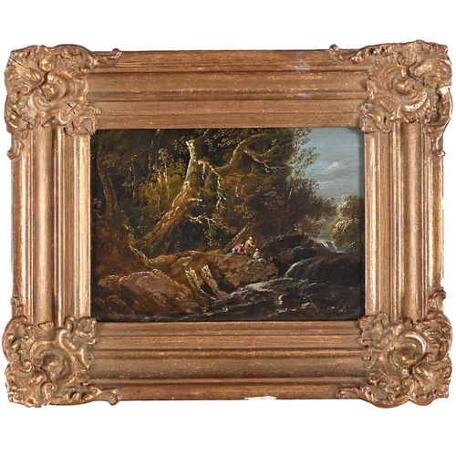 421 - WILLIAM SADLER THE YOUNGER (C.1782-1839). FIGURE BY A WOODLAND CATARACT; FISHERMAN BY A ROCKY RIVER.... 