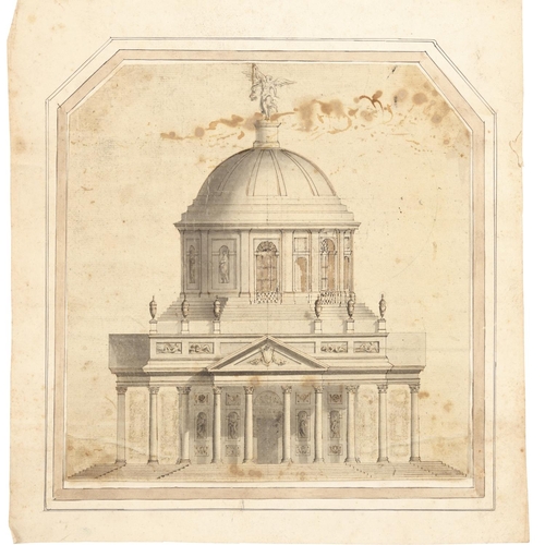 575 - ANTONIO VISENTINI (1688-1782). Follower of. ELEVATION OF A DOMED BASILICA. Pen and brown ink and gre... 