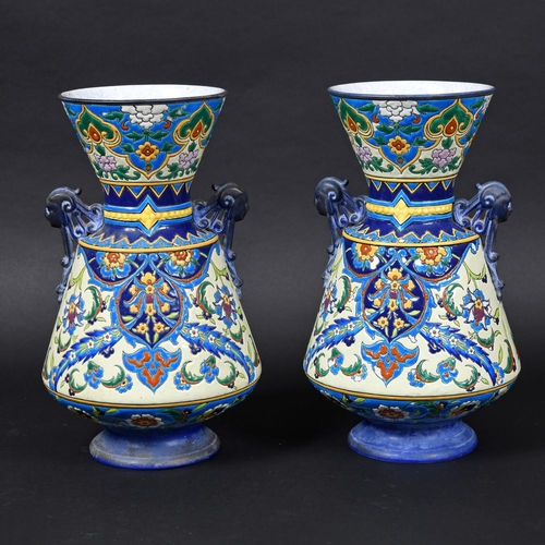 760 - LARGE PAIR OF SARREGUEMINES FRENCH POTTERY VASES - PERSIAN STYLE. A large pair of vases each painted... 