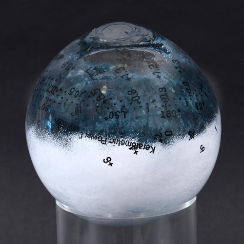 762 - SHELLEY JAMES (BRITISH) - GLASS SCULPTURE 'POWER DEVIATION'. A white and blue glass sphere, with a s... 