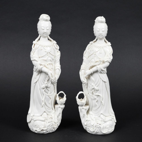 896 - PAIR OF CHINESE BLANC DE CHINE FIGURES. 20thc, a pair of blanc de chine figures of Guanyin, each wit... 