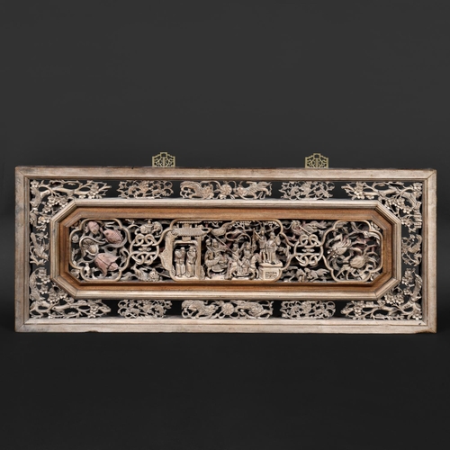 903 - CHINESE CARVED WOODEN PANEL - FIGURES & ANIMALS. Probably late 19thc/early 20thc of rectangular form... 