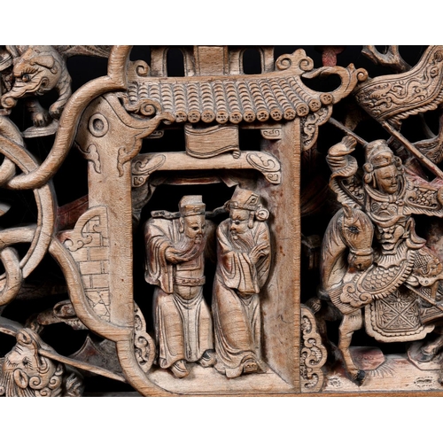 903 - CHINESE CARVED WOODEN PANEL - FIGURES & ANIMALS. Probably late 19thc/early 20thc of rectangular form... 