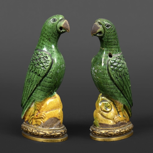 904 - PAIR OF 18THC CHINESE PORCELAIN PARROTS & ORMOLU MOUNTS. A pair of small green glazed Parrots, each ... 