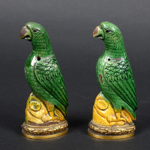 904 - PAIR OF 18THC CHINESE PORCELAIN PARROTS & ORMOLU MOUNTS. A pair of small green glazed Parrots, each ... 