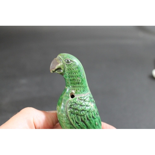 904 - PAIR OF 18THC CHINESE PORCELAIN PARROTS & ORMOLU MOUNTS. A pair of small green glazed Parrots, each ... 