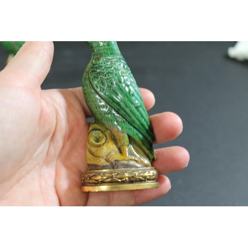 904 - PAIR OF 18THC CHINESE PORCELAIN PARROTS & ORMOLU MOUNTS. A pair of small green glazed Parrots, each ... 