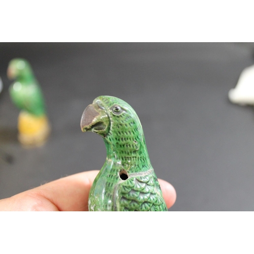 904 - PAIR OF 18THC CHINESE PORCELAIN PARROTS & ORMOLU MOUNTS. A pair of small green glazed Parrots, each ... 