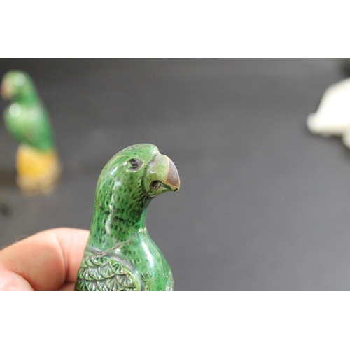 904 - PAIR OF 18THC CHINESE PORCELAIN PARROTS & ORMOLU MOUNTS. A pair of small green glazed Parrots, each ... 