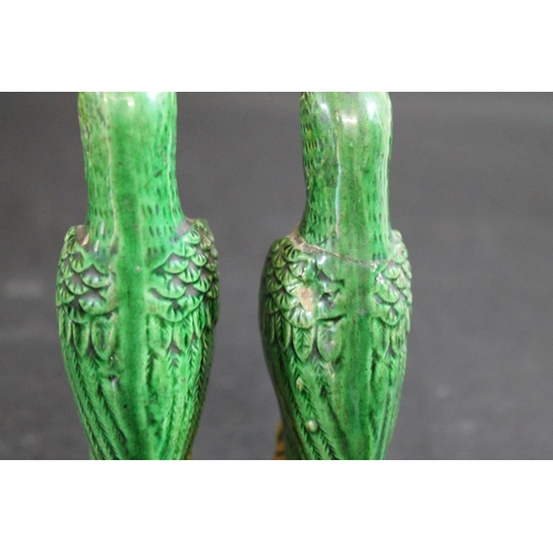 904 - PAIR OF 18THC CHINESE PORCELAIN PARROTS & ORMOLU MOUNTS. A pair of small green glazed Parrots, each ... 