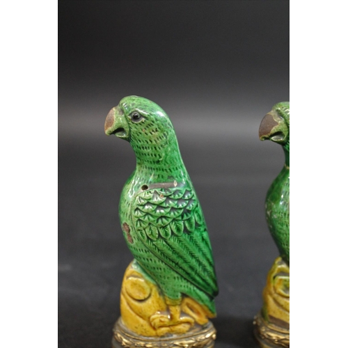 904 - PAIR OF 18THC CHINESE PORCELAIN PARROTS & ORMOLU MOUNTS. A pair of small green glazed Parrots, each ... 